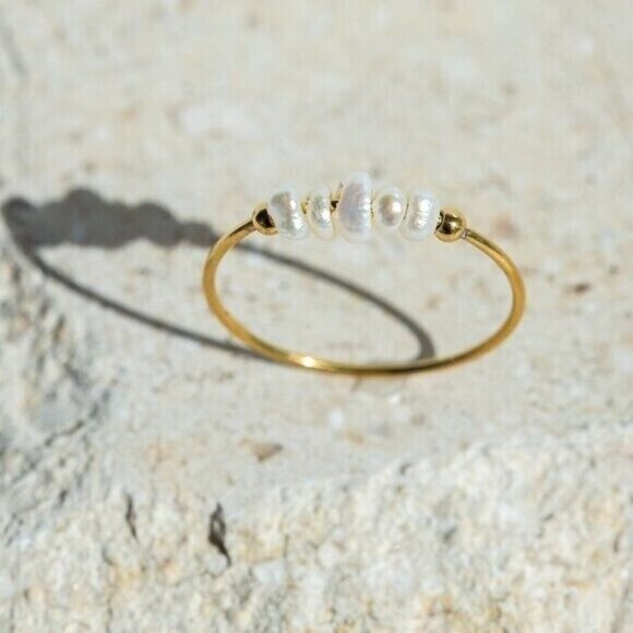Dainty Pearl Ring sz 5-8 Pearl Gold Ring Waterproof Gold Ring Stack PRETTY - Picture 7 of 10
